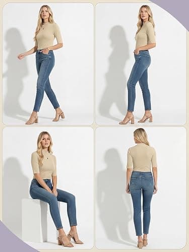 PrinStory Womens Tops Mock Neck Short Sleeve T Shirts Dressy Casual Ribbed Knit Slim Fit Summer Business Going Out Tops 2026 thumbnail 6