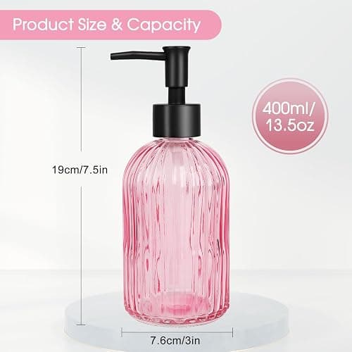 Topsky Stripe Glass Soap Dispenser with Black Plastic Pump, 400ml Liquid Hand Soap Dispenser, Rustproof Pump for Kitchen & Bathroom, Great for Lotions, Essential Oil, Liquid Soaps-Pink thumbnail 3
