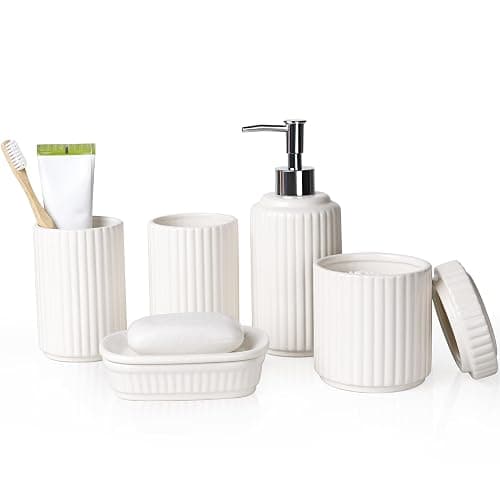 NOVAJOY Badezimmer Set Keramik – 5 Teile, Badezimmer Organizer mit Seifenspender, Seifenschale, Zahnbürstenhalter, Wattestäbchen Kanister, Hochwertiges Badezimmer Deko Set (Beige Weiß) - Image 1