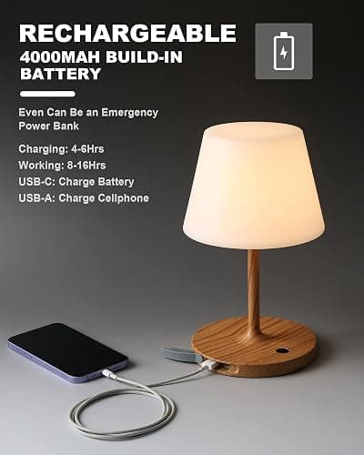 WEILAILUX Outdoor Battery Operated Table Lamp Waterproof, 4000mAh Cordless Table Lamp Rechargeable, Touch Dimmable Desk Lamp, LED Night Light for Patio Camping Restaurant Home (Wood Grain, 9.6in) thumbnail 6