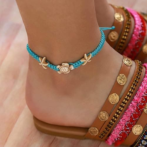 Yokawe Boho Turtle Anklets Bracelets Blue Starfish Summer Beach Waterproof Barefoot Sandals Jewelry for Women thumbnail 4