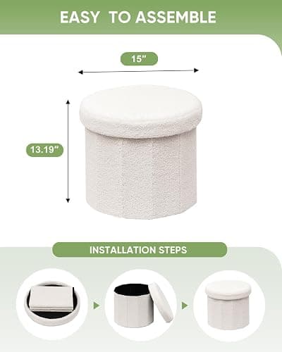 B FSOBEIIALEO Storage Ottoman Cube, Round Ottomans with Storage Foot Stool Footrest for Lving Room, Boucle Ottoman Seat for Dorm Room,Faux Teddy Fur, White 15"x15"x13.19" thumbnail 3
