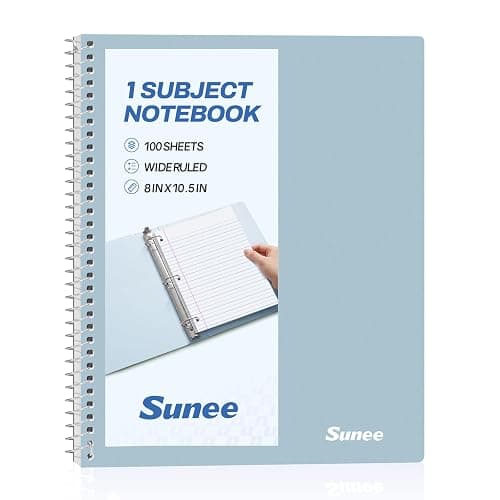 SUNEE Spiral Notebook, 1-Subject, Wide Ruled Paper, 8" x 10-1/2", 100 Sheets per Notebook, 3-Hole Punched Paper, Water Resistant Cover, Double-sided Pockets, Grey Blue - Image 1