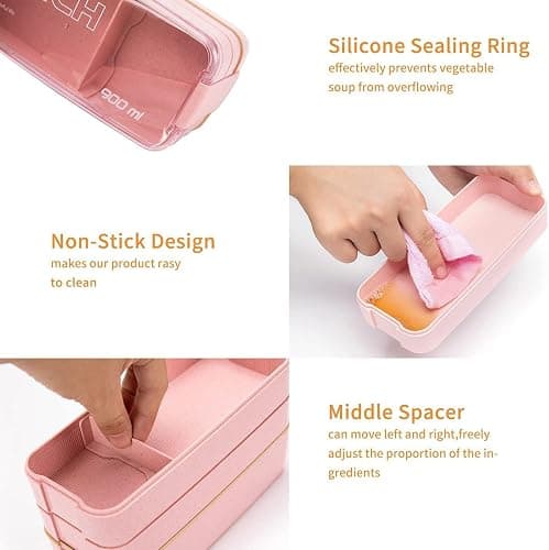 Rarapop 2 Pack Stackable Bento Box Japanese Lunch Box Kit with Spoon & Fork, 3-In-1 Compartment Wheat Straw Meal Prep Containers for Kids & Adults (Pink/Beige) thumbnail 5