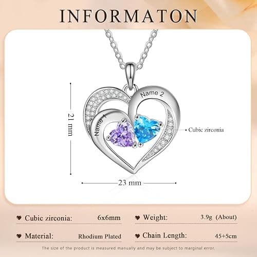 Sterling Silver Personalized 2 Names Necklace with 2 Heart Simulated Birthstone Couple Pendant Necklace for Women thumbnail 3