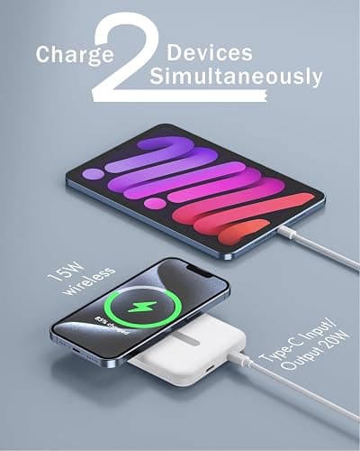 podoru for Magsafe Battery Pack, 5000mAh Magnetic Power Bank with Type-C Cable 20W PD Fast Charging Lighting Input Wireless Portable Charger for iPhone 16/15/14/13/12/ All Series-White thumbnail 6