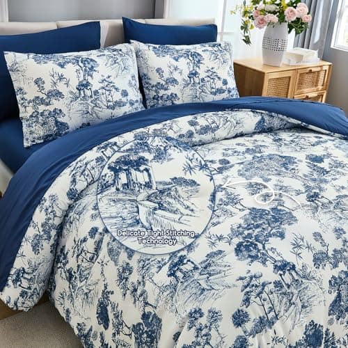 DJY Navy Blue Comforter Set Queen Size,7 Pieces Bed in a Bag Botanical Comforters with Sheets Elegant Plants Print Soft Microfiber Reversible Complete Bedding Sets for All Season thumbnail 4