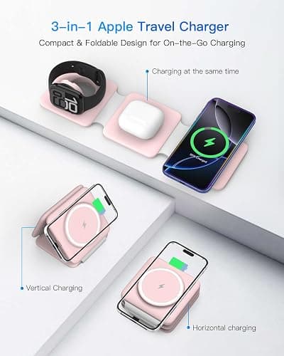 Charging Station for Apple Multiple Devices: 3 in 1 Foldable Magnetic Wireless Charger Stand - Travel Charging Dock Compatible with iPhone 16 15 14 13 12 Pro Max Plus Apple Watch AirPods thumbnail 3