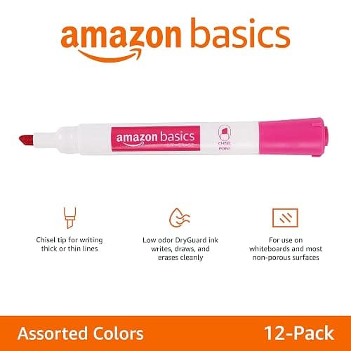 Amazon Basics Dry Erase Markers For Whiteboards, Chisel Tip, Low-Odor, Assorted Colors, Pack of 12 thumbnail 6