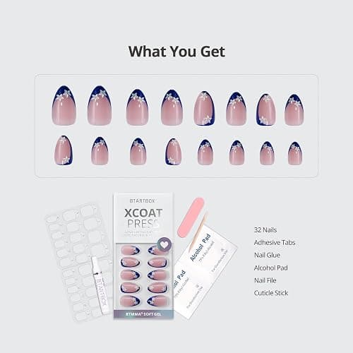 BTArtbox Press On Nails Short - Lamp-Curable Blue French Tip Almond Press On Nails with Glue for Women, Semi-Transparent Soft Gel Glue On Nails in 16 Sizes - 32 Stick On Nails Kit, Blue Blossom thumbnail 5