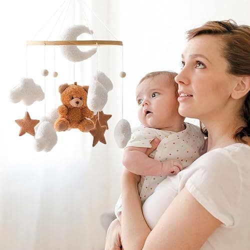 Uixxducc Mobile Baby Windspiele, Babybett Mobile 3D Bär Hase Kaninchen Wolken, Kinderzimmer Hängende Bettglocke, Neugeborenen Geschenk für Baby Jungen und Mädchen (Braun Bär) thumbnail 5