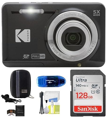 Kodak Pixpro FZ55 Digital Camera (Black) Bundle, Includes: SanDisk 128GB Memory Card, Hard Shell Camera Case, SD Card Reader and More (6 Items) - Image 1