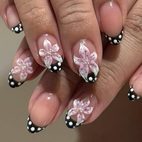 XZMeiLun 3D Pink Flower Black Polka Dot French Tips Press On Nails Short Almond, Acrylic Fake Nails. Salon-Quality Reusable Stick-Ons, Spring Summer Nails for Parties & Daily Wear | Women & Girls - Image 1