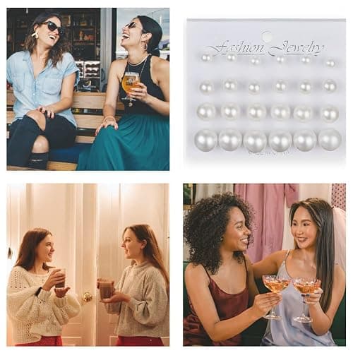 Pearl Earrings Studs for Women, White Pearl CZ Earrings Bridal Simulated Pearl Rhinestone Pearls Stud Earrings Jewelry Set for Wedding Birthday Christmas 12 Pairs thumbnail 7