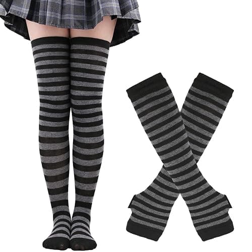 Benefeet Sox Womens Rainbow Striped Knee High Thigh High Socks Arm Warmers Set Fingerless Gloves Halloween Costume - Image 1