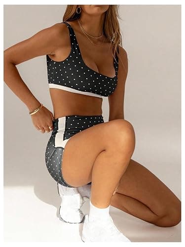 Milumia Women's Padded Polka Dots Workout Set 2 Piece Color Block Bra Tank High Waisted Biker Shorts Matching Yoga Outfit thumbnail 4