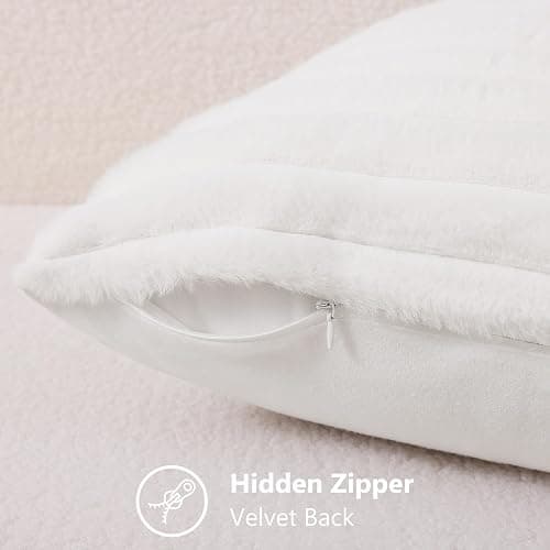 decorUhome Fall Cozy Faux Fur Throw Pillow Covers 18x18 Set of 2 Decorative Soft Plush Striped Modern Farmhouse Boho Couch Pillow Cases with Velvet Back for Sofa Bed Living Room, White thumbnail 4