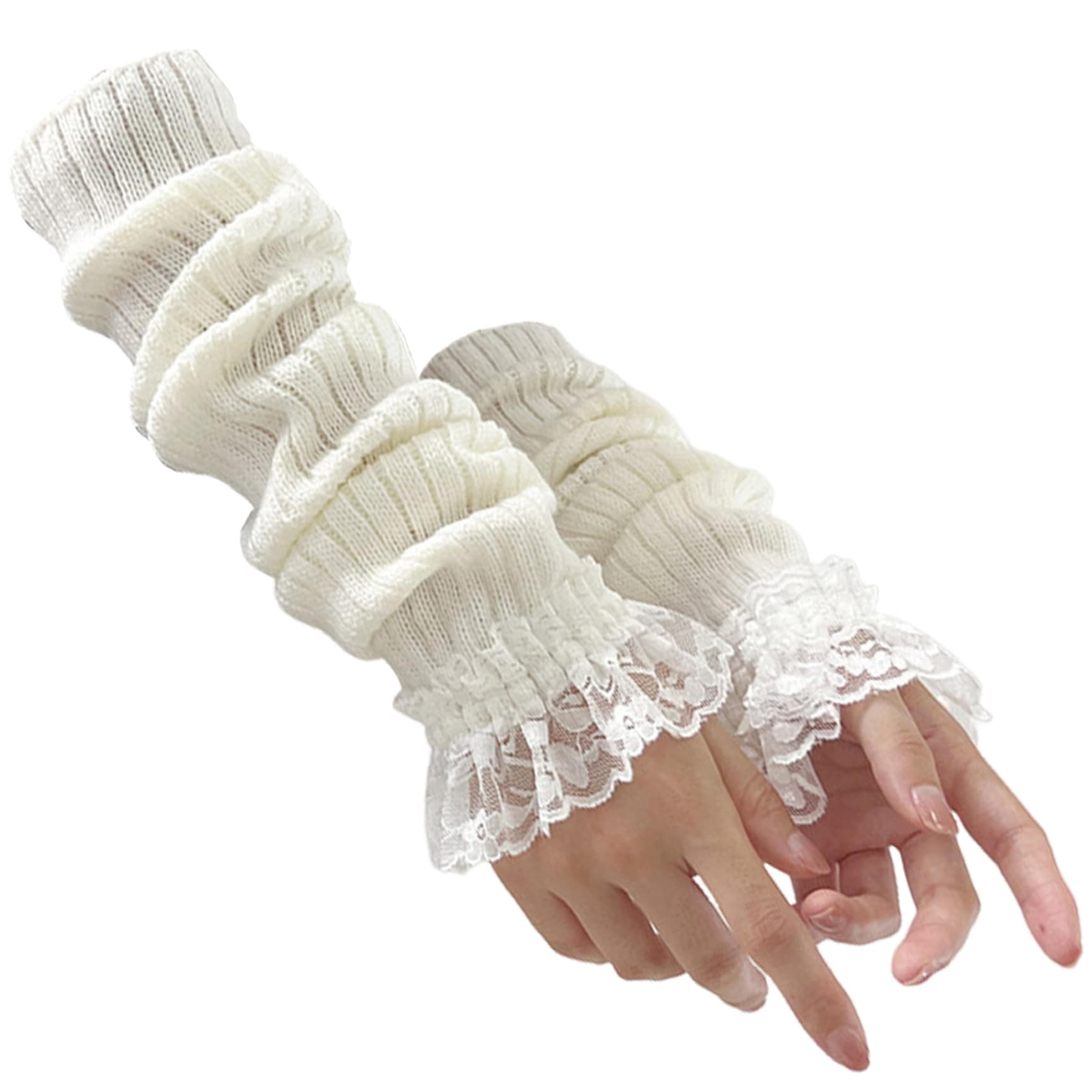 Knitted Arm Warmers, Kawaii Knit Wrist Warmers with Lace, Long Japanese Harajuku Goth Fingerless Sleeve for Goth, JK Uniform and Lolita Outfits/17.7, White, White - Image 1