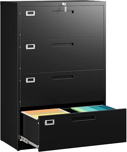 SISESOL 4 Drawer Lateral File Cabinet with Lock,Black Lateral Filing Cabinet,Horizontal Metal Filing Cabinets,Locked Wide Four Drawer File Cabinets for Office Home,Fit A4/F4/Letter/Legal File - Image 1