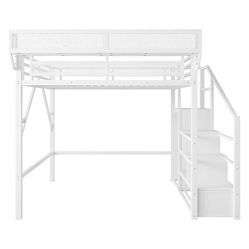 Mirightone Full Size Loft Bed with Stairs and Storage, Metal Loft Bed Frame with Bedside Shelf and Large Under-Bed Space, Heavy-Duty Loft Beds for Adults Teens and Kids, Convertible Staircase, White thumbnail 9