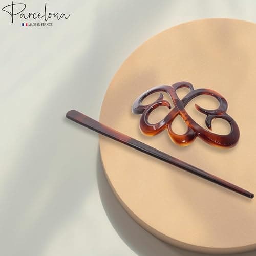 Parcelona French Wide Flower Tortoise Shell Brown Bun or Ponytail Bun Holder Hair Slider Pin Thru Clip with Stick thumbnail 6