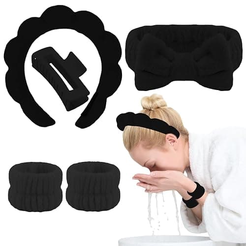 Canitor Sponge Spa Headbands Wristband Set with Hair Clips Skincare for Washing Face Non Slip Puffy Terry Cloth Makeup Headband Face Wash Wrist Bands Cute Trendy Stuff (black) thumbnail 9