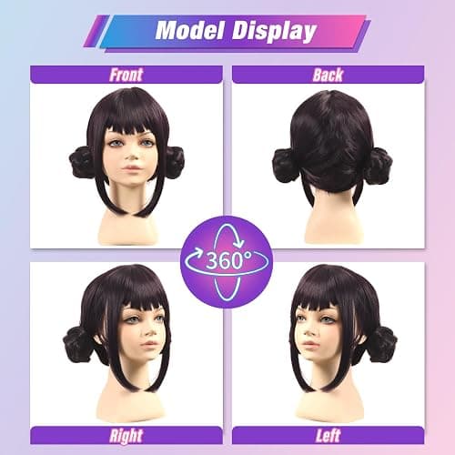 FantaLook Short Black Purple Cosplay Wig with 2 Buns for Halloween Party Costume（Small Size） thumbnail 5