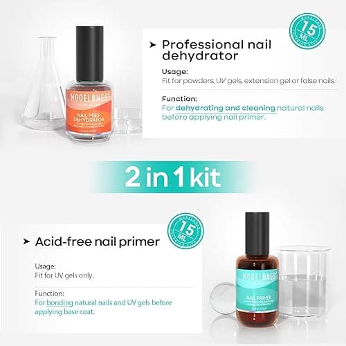 modelones 15 ml Nail Dehydrator and Primer, Acid Free Base Coat Natural Prep Dehydrate & Bond Primer Kit, Hema-Free Acrylic Nail Supplies - 0.5 Fl Oz (Pack of 2) - Transparent thumbnail 2