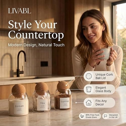Livabl Tea Coffee and Sugar Canisters Set - Set of 3 Unique Cork Ball 500ml Glass Jars - Perfect Sugar Tea Coffee Set Organiser thumbnail 2
