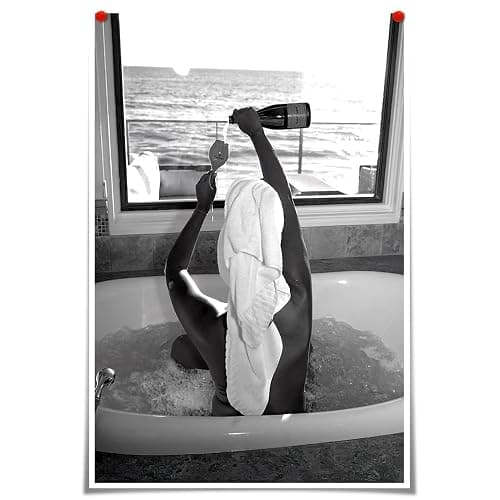 Trendy Black and White Posters Funny Woman Drinking Wine in Bathtub Wall Art Funky Girl Room Decor Fashion Vintage Bar Cart Canvas Prints for Girls Dorm Bathroom Apartment Aesthetic 12x16in Unframed thumbnail 2