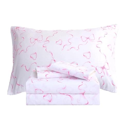 FEKOHIPY Kids Sheet Set Bowknot Pink Twin Size Bedsheet for Girls, 3PCS Bow Printed Microfiber Soft Breathable Children Bedding Easy-Fit 14 Inch Deep Pocket - Image 1