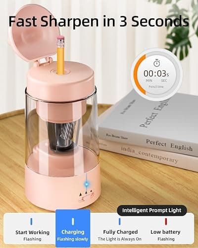 Zmol Electric Pencil Sharpener, Pink Bunny Pencil Sharpener for Colored Pencils, Auto in & Out，Fully Automatic Rechargeable Pencil Sharpeners for No.2/Colored Pencils(6-8mm), Classroom/Office/Home thumbnail 6
