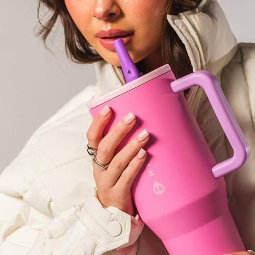 HydroJug Traveler - 32 oz Water Bottle with Handle & Flip Straw - Fits in Cup Holder, Leak Resistant Tumbler-Reusable Insulated Stainless Steel & Rubber Base - Gifts for Women & Men, Pink Sugar thumbnail 6