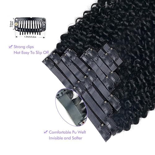 Seamless 3C 4A Kinky Curly Clip In Extension PU Weft Curly Clip in Extension Human Hair Clip Ins Full Head for Black Women Brazilian Remy Human Hair Natural Color 8Pcs with18clips 120g/Set (18 inch) thumbnail 4