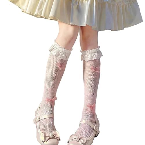 Benefeet Sox Womens Lace Knee High Socks Girls Ruffle Knee Highs Sexy Sheer Trouser Socks Black White Mesh Fishnet Stockings - Image 1