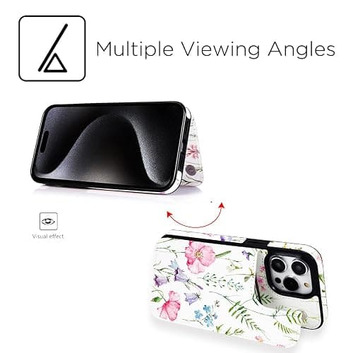 uCOLOR Compatible with iPhone 15 Pro 6.1" Wallet Case with Card Holder Slot Folio Flip PU Leather Kickstand Double Magnetic Clasp and RFID Blocking Design Cover 6.1 Inch (Pink Flowers) thumbnail 7