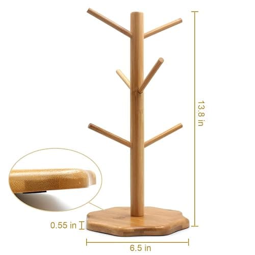 Gihunk Bamboo Countertop Mug Tree Stand with 6 Hooks, Octagon Base Coffee Cup Tree thumbnail 3