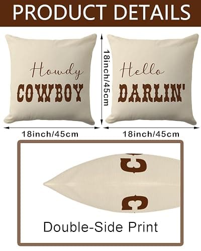 CarOptics Howdy Cowboy & Hello Darlin’ Lumbar Pillow Covers 18x18 Inch – Set of 2 Western Couple Throw Pillowcases for Rustic Farmhouse Decor, Country Gifts for Couch or Sofa (Beige) thumbnail 3