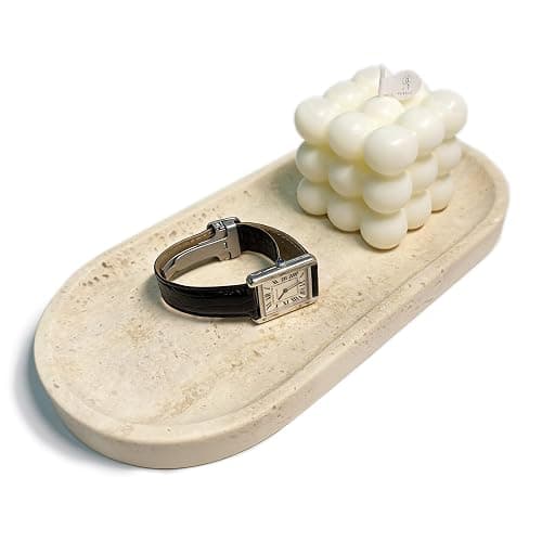 100% Natural Travertine Stone Tray for Perfume, Jewelry, Candle & Trinket Holder – Light Beige Stone Vanity Organizer for Bathroom, Coffee Table, or Living Room, 10"x5", Non-Resin/Ceramic - Image 1