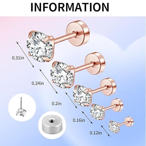 3 Pairs Tiny Cubic Zirconia Flat Back Stud Earrings, 14k Gold Plated Screw on Flat Back Earrings Hypoallergenic Flatback Cartilage Earring Jewelry Gifts for Teen Men 3-5mm (Rose Gold) thumbnail 7