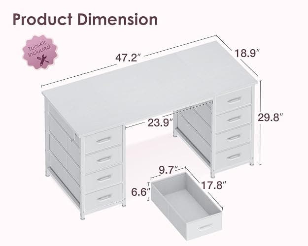 ODK 48 Inch Vanity Desk with 8 Fabric Drawers, Modern Makeup Desk for Bedroom & Dressing Room with Large Storage, Ideal for Home Office, Study, Pure White thumbnail 3