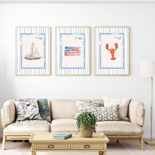 Blue Beach Stamp Set of 3 Canvas Poster Coastal Granddaughter Room Wall Art Decor Fisherman Preppy Aesthetic Prints Artwork for Girly Dorm Apartment Ocean Home Decoration 12x18inch Framed thumbnail 4