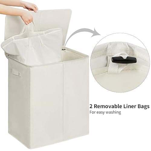 WOWLIVE 154L Double Laundry Hamper with Lid and Removable Laundry Bags, Large Dirty Clothes Hamper 2 section Collapsible Laundry Basket Dorm Room Storage for Bedroom, Bathroom, College,Beige thumbnail 5