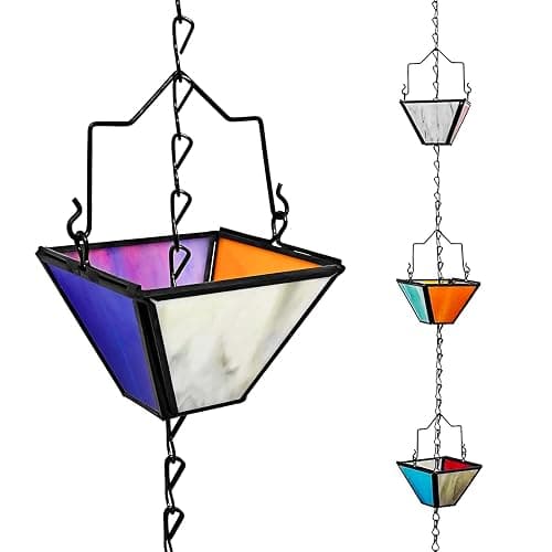 Rain Chain Set 8.5FT,Handmade Pure Copper Inlaid Stained Glass Vintage Style, Rain Chains for Drains to Divert Water & Home Display, Garden Decoration (Mutil col) - Image 1