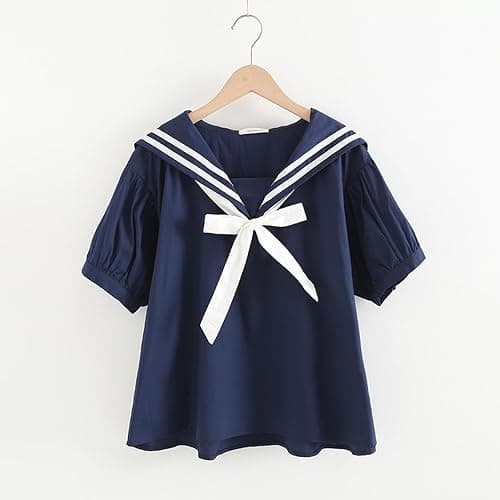 Women's Preppy Style Short Sleeve Sailor Collar Blouse Bow Knot Summer Casual Loose Shirt Uniform Shirt Sailor Collar Necktie Loose Blouse Tops thumbnail 2
