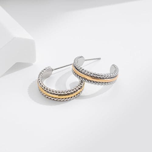 VEDAIM Gold and Silver Mixed Metal Earring Two Tone Studs Earrings for Women Chunky C Hoop Earrings Fashion Jewelry thumbnail 7