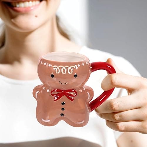 Abaodam Gingerbread Christmas Character Mug - Ceramic Gingerbread Man Coffee Cup for Hot Chocolate - Red/White thumbnail 2