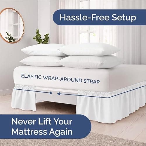Wrap Around Dust Ruffle Bed Skirt - White - for Full Size Beds with 12 Inch Drop - Easy Fit Elastic Strap - Adjustable Pleated Bedskirt w/Brushed Fabric - Wrinkle Free - for Women, Men, Kids & Teens thumbnail 2