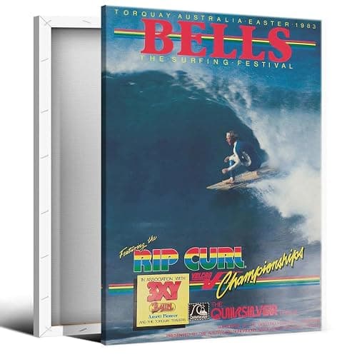 Beachy Surf Up Canvas Wall Art, 1983 Torquay Australia Easter Poster, Rip Curl Bell'S Surfing Competition Print, BELLS Summer Surfer Sports Magazine Cover Painting for Bedroom 8x12in Wrapped Canvas - Image 1