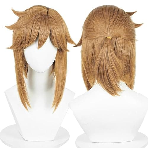 Shqncoh Anime Link Wig Short Brown Curly Tied in Ponytail Party Hair Halloween Cosplay Props Accessory - Image 1
